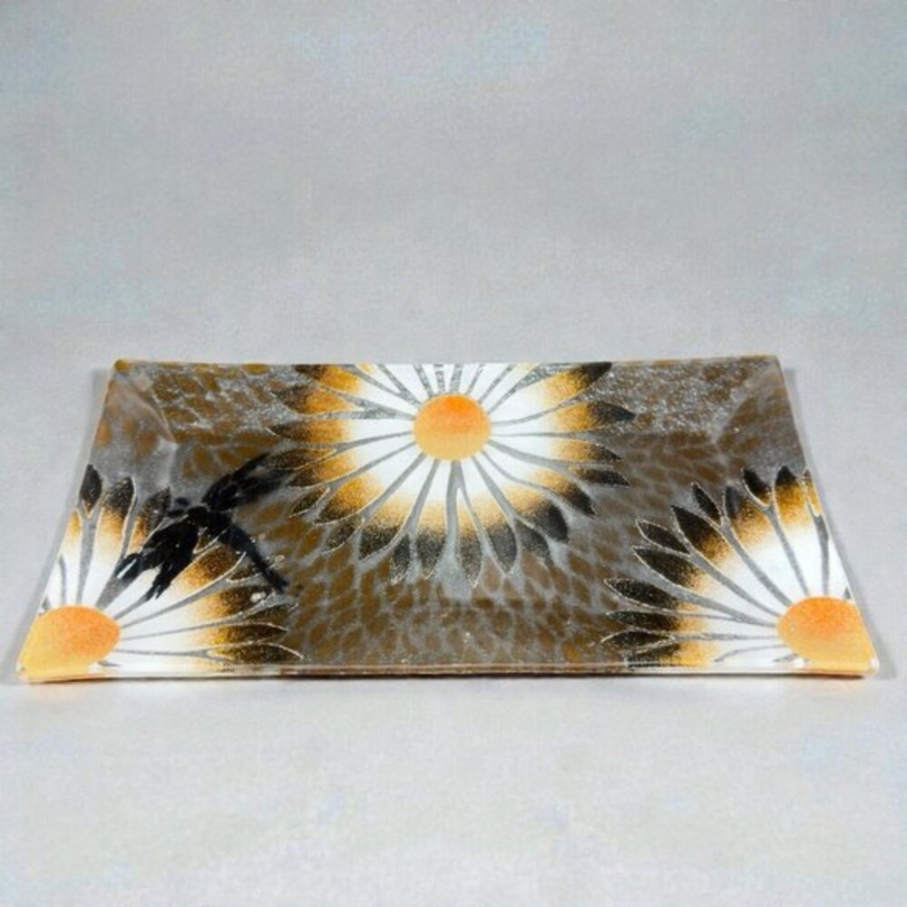 Sydenstricker Fused Art Glass Plate Dish Tray Daisies Sunflower Rectangular‎ VTG